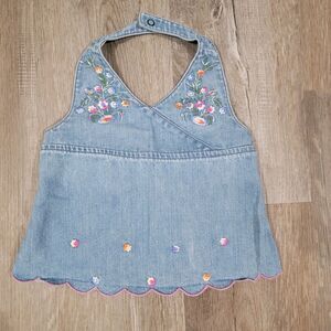 Vintage Y2K Old Navy Girls Halter Denim Top Size 4t Floral Babydoll Scallop Hem